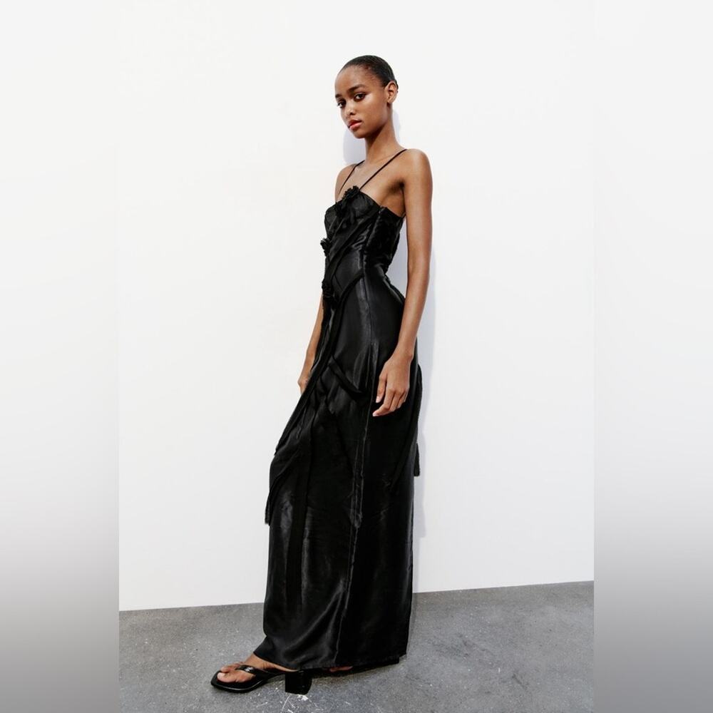 Zara Black FLORAL SATIN MIDI DRESS - Picture 2 of 15